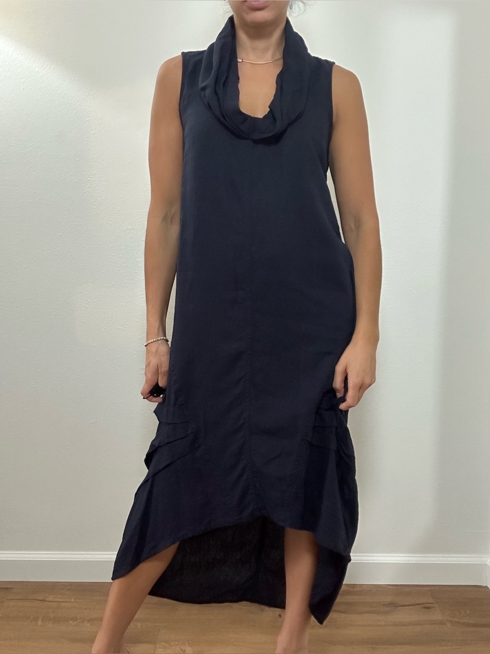 For Cynthia Navy Blue Linen Blend Sleeveless Cowl Neck Midi Dress Avant Garde M